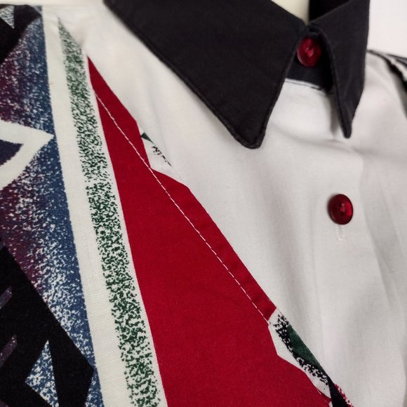 Vintage 1980s Tapestry Roll Tab Sleeve Button Down Faux Vest Shirt - Picture 11 of 15